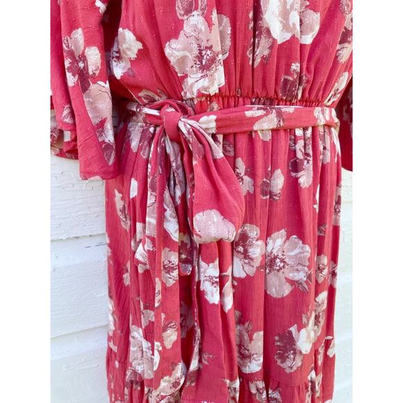 Peach Love California Dress Flutter Sleeve Ruffle Hem Sz Medium Coral Floral - Picture 4 of 7
